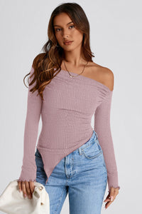 Long Sleeve Y2K Crop Top Trendy Off Shoulder Asymmetrical Fitted Knit Tee Shirts Going Out Tops