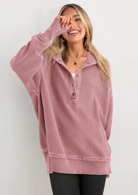 PRETTYGARDEN Womens Fashion Oversized Long Sleeve Hoodie Button Down V Neck Sweatshirt Side Slit Casual Pullover Tops