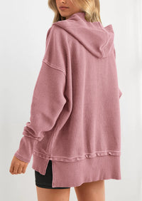 PRETTYGARDEN Womens Fashion Oversized Long Sleeve Hoodie Button Down V Neck Sweatshirt Side Slit Casual Pullover Tops