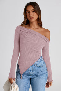 Long Sleeve Y2K Crop Top Trendy Off Shoulder Asymmetrical Fitted Knit Tee Shirts Going Out Tops