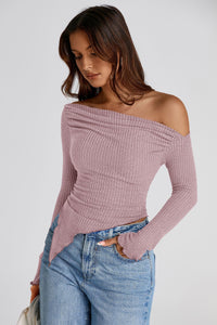 Long Sleeve Y2K Crop Top Trendy Off Shoulder Asymmetrical Fitted Knit Tee Shirts Going Out Tops