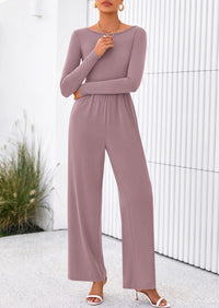 PRETTYGARDEN One Piece Jumpsuits for Women Dressy Casual Long Sleeve Crewneck Wide Leg Romper Overalls Spring Outfits