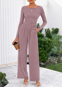 PRETTYGARDEN One Piece Jumpsuits for Women Dressy Casual Long Sleeve Crewneck Wide Leg Romper Overalls Spring Outfits