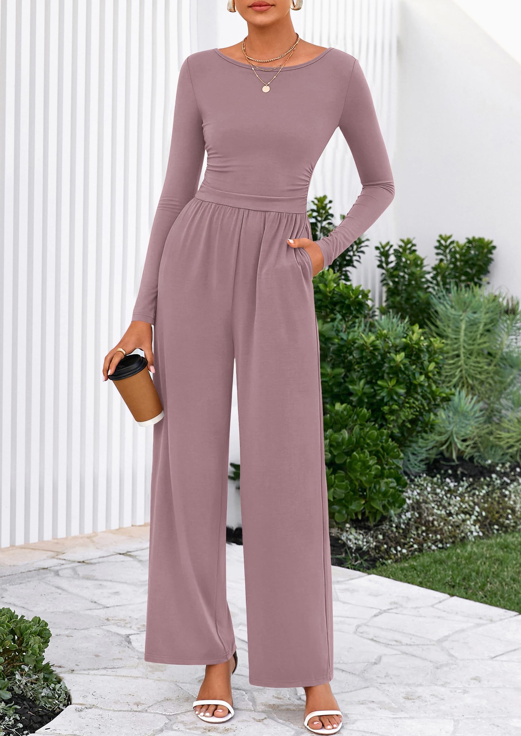 PRETTYGARDEN One Piece Jumpsuits for Women Dressy Casual Long Sleeve Crewneck Wide Leg Romper Overalls Spring Outfits