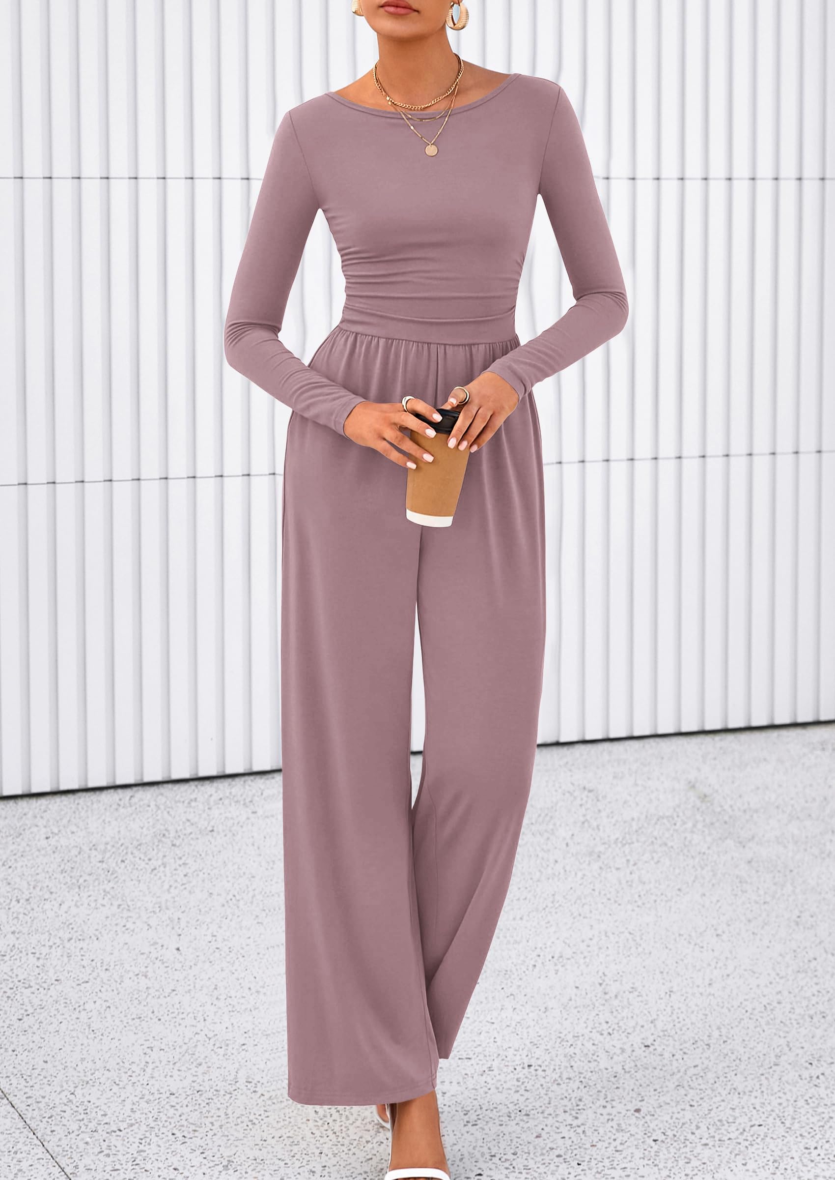PRETTYGARDEN One Piece Jumpsuits for Women Dressy Casual Long Sleeve Crewneck Wide Leg Romper Overalls Spring Outfits