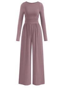 PRETTYGARDEN One Piece Jumpsuits for Women Dressy Casual Long Sleeve Crewneck Wide Leg Romper Overalls Spring Outfits 2026