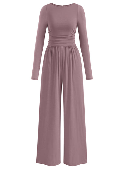 PRETTYGARDEN One Piece Jumpsuits for Women Dressy Casual Long Sleeve Crewneck Wide Leg Romper Overalls Spring Outfits 2026