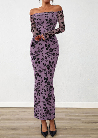 PRETTYGARDEN Womens Off The Shoulder Floral Maxi Bodycon Dress Fall Long Sleeve Mesh Fitted Long Formal Wedding Guest Dresses PRETTYGARDEN