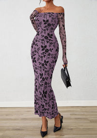 PRETTYGARDEN Womens Off The Shoulder Floral Maxi Bodycon Dress Fall Long Sleeve Mesh Fitted Long Formal Wedding Guest Dresses PRETTYGARDEN