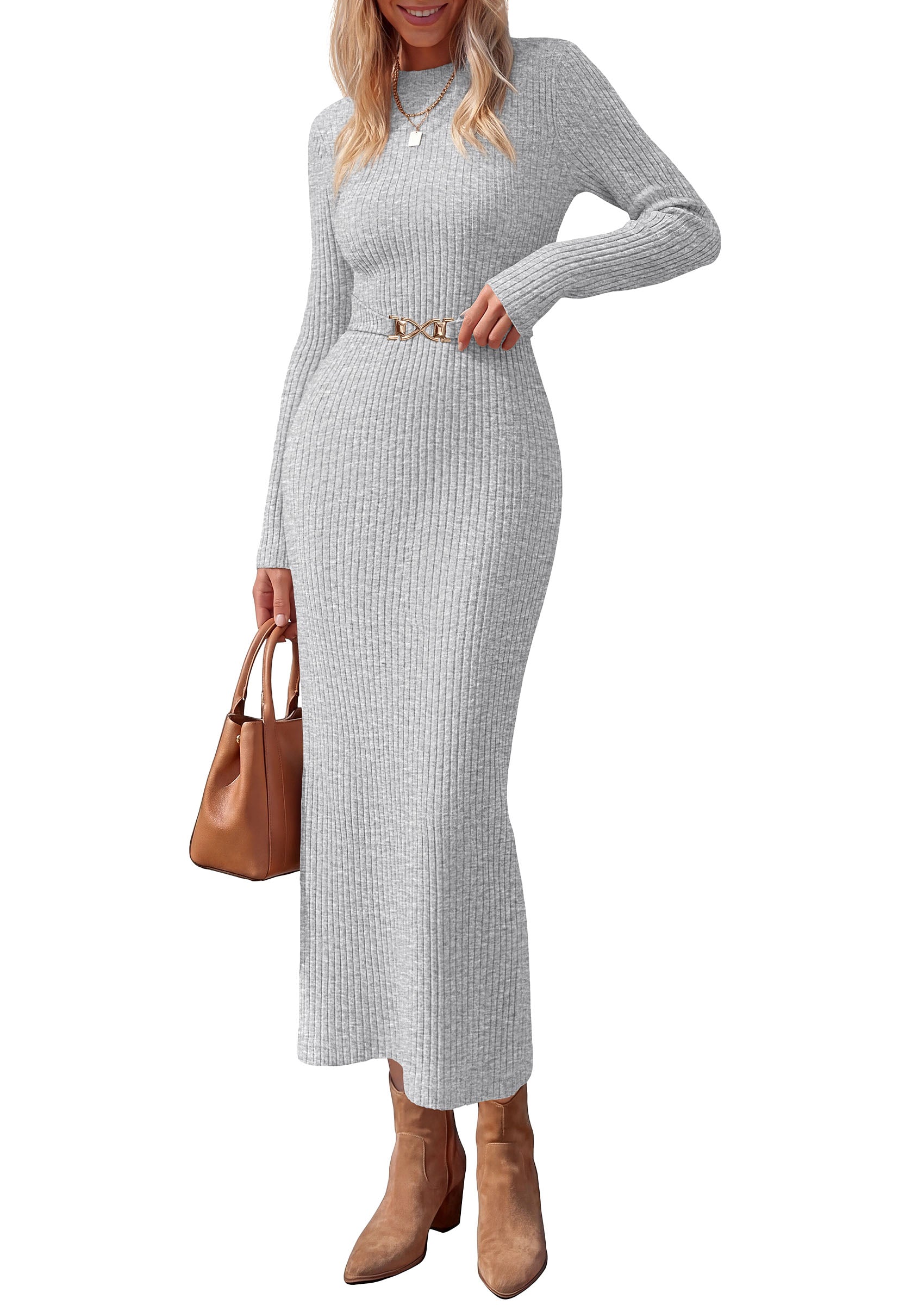 PRETTYGARDEN Women's Long Sleeve Bodycon Maxi Sweater Dress | Stretchy Rib Knit,Metal Buckle Waist,Back Slit,Work Cocktail Holiday Party Outfits,Fall Winter Winter Wedding Guest Dresses