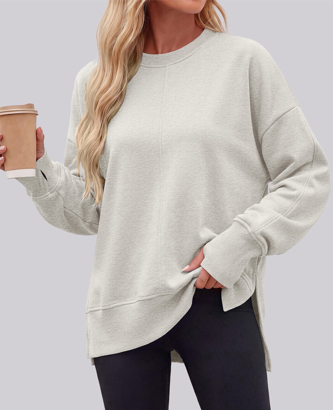 PRETTYGARDEN Womens Long Sleeve Loose Crewneck Sweatshirts with Thumb Hole | Soft Cozy Fleece Basic Side Slit Oversized Pullover Tops, Workout Casual Daily Wear, Y2k 2026 Fashion Fall Winter Clothing