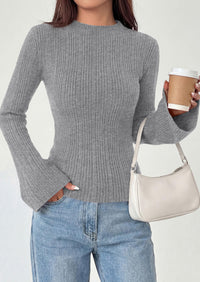 PRETTYGARDEN Sweaters for Women Lightweight Mock Neck Bell Long Sleeve Fitted Tops Ribbed Pullover Fall Fashion Clothing