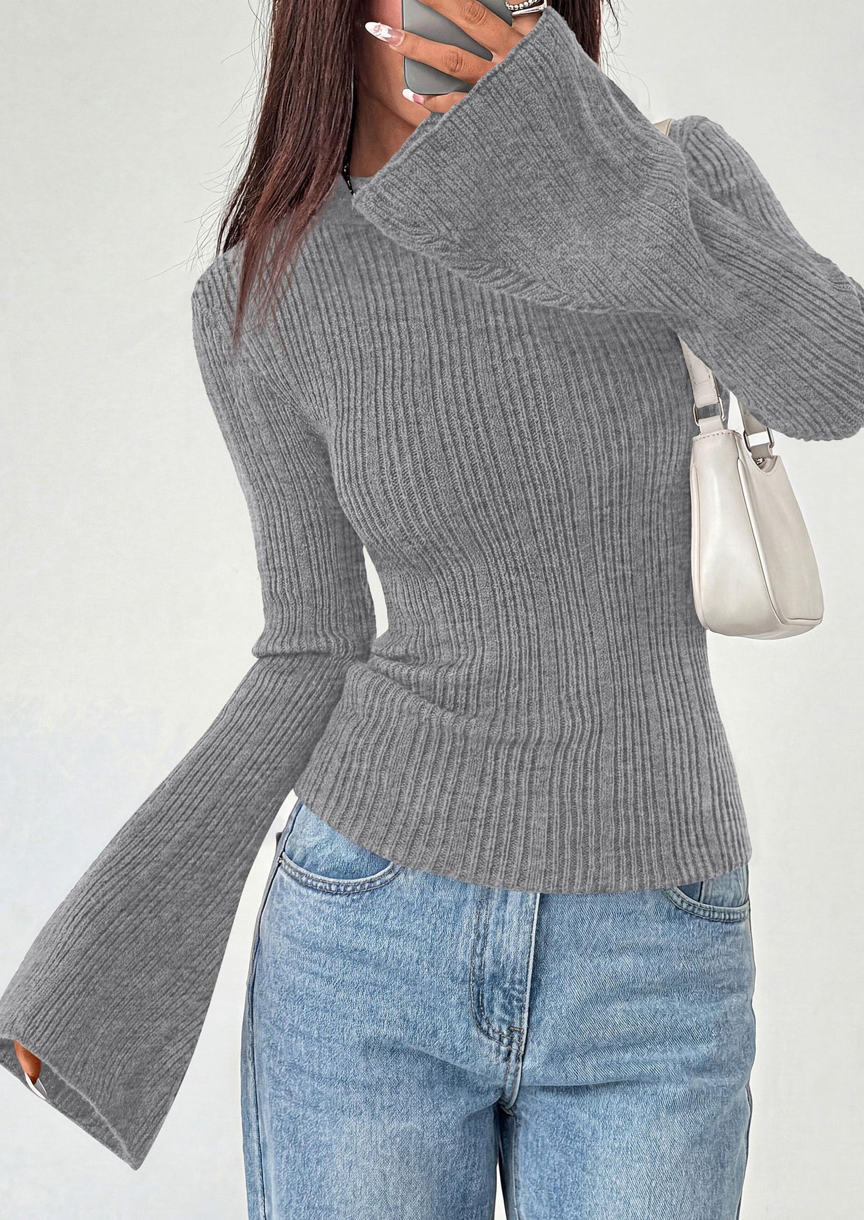 PRETTYGARDEN Sweaters for Women Lightweight Mock Neck Bell Long Sleeve Fitted Tops Ribbed Pullover Fall Fashion Clothing