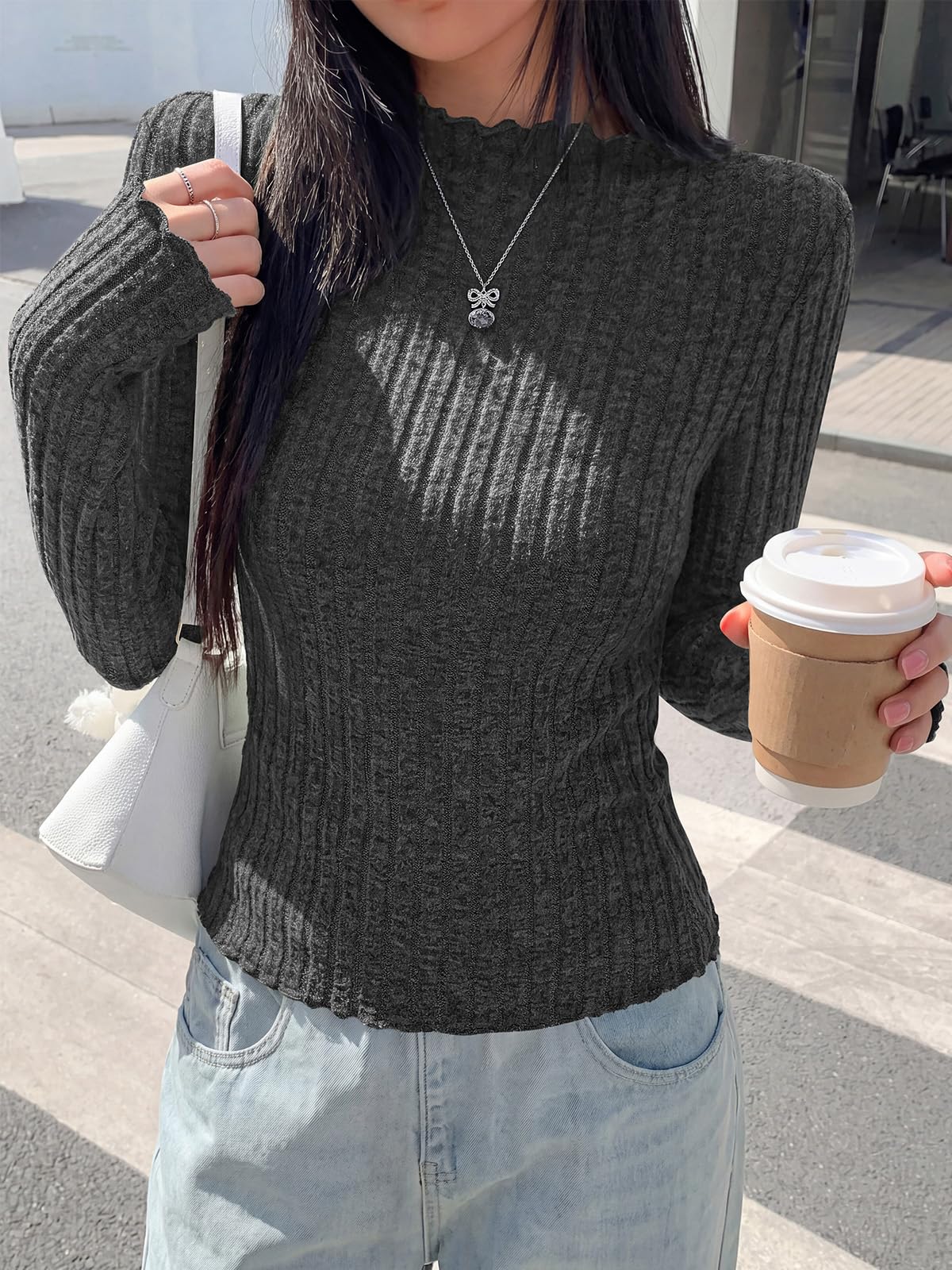 PRETTYGARDEN Womens Long Sleeve Shirts Fashion Lettuce Trim Mock Neck Slim Fit Fall Tops Casual Tee Shirt Y2k Outfits
