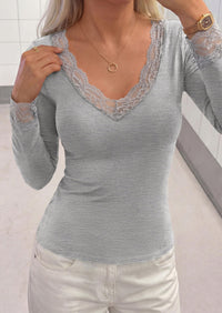 PRETTYGARDEN Womens Long Sleeve Shirts Cute Lace V Neck Tops Trendy Going Out Crop Top Sexy Stretchy Fitted Blouses Fall Clothes Dressy Work Office Outfit Casual Layering Tops