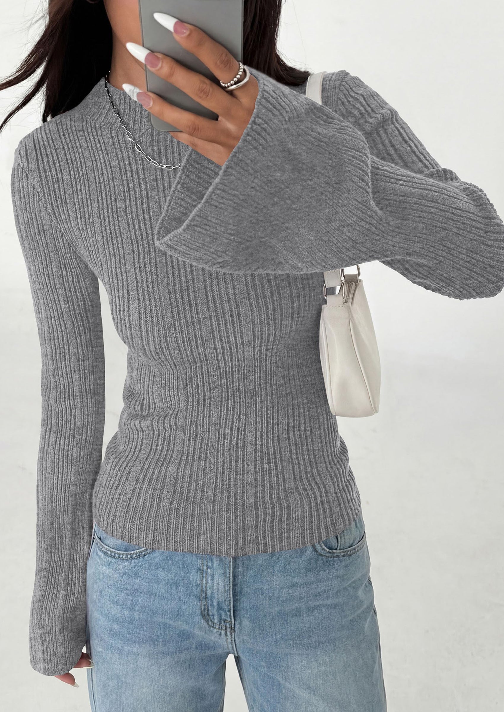 PRETTYGARDEN Sweaters for Women Lightweight Mock Neck Bell Long Sleeve Fitted Tops Ribbed Pullover Fall Fashion Clothing