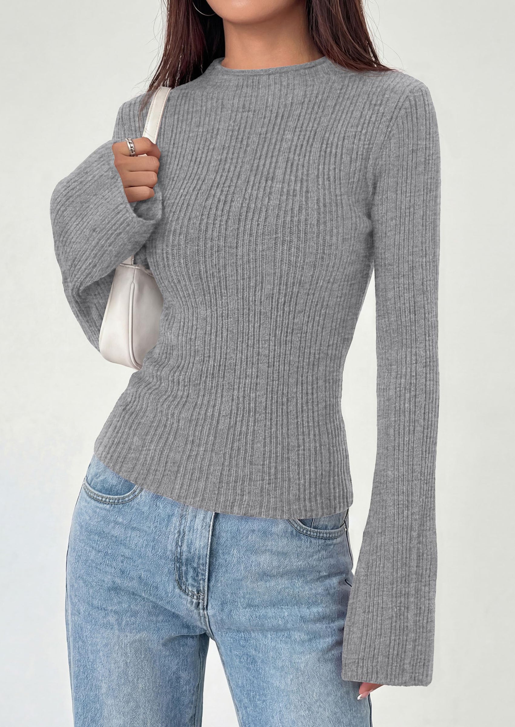PRETTYGARDEN Sweaters for Women Lightweight Mock Neck Bell Long Sleeve Fitted Tops Ribbed Pullover Fall Fashion Clothing