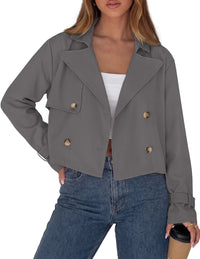 PRETTYGARDEN Cropped Trench Coat For Women Short Jacket  Soft Lightweight Coats, Lapel Double Breasted, Long Sleeve Loose Fit, Casual Work Office Jackets, Fall Winter Outwear