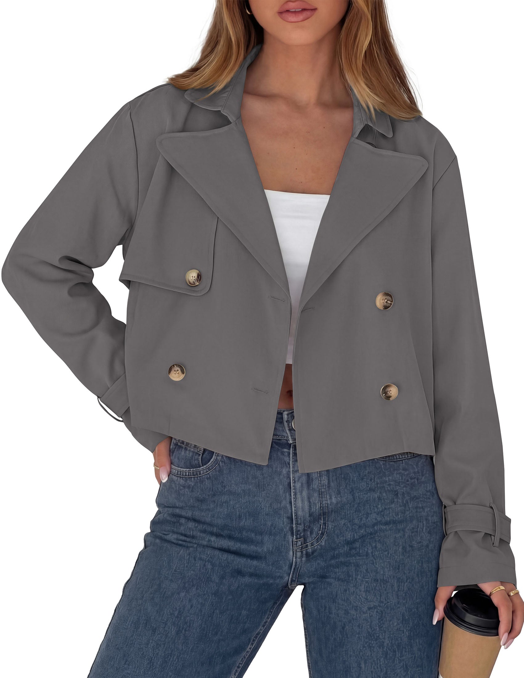 PRETTYGARDEN Cropped Trench Coat For Women Short Jacket  Soft Lightweight Coats, Lapel Double Breasted, Long Sleeve Loose Fit, Casual Work Office Jackets, Fall Winter Outwear