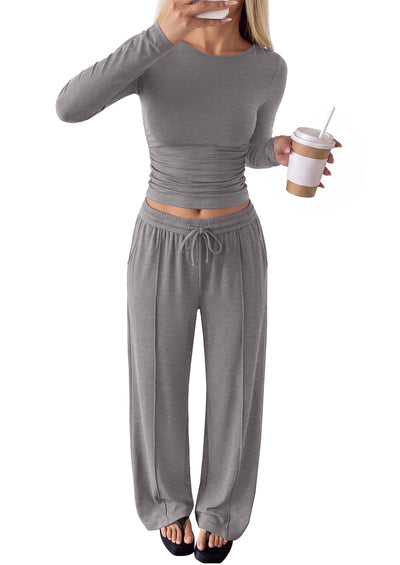 PRETTYGARDEN Women's Matching Lounge Sets 2 Piece Outfits  Boat Neck Long Sleeve Tops, Wide Leg Pants Pockets, Ruched Waist, Travel Airport Resort Wear, Casual Fall Fashion Clothing