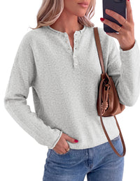 PRETTYGARDEN Women's Fall Button Up Cozy Pullover Sweaters | Stretchy Soft Knit, Drop Shoulder Long Sleeve Tops, Henley Crewneck Rolled Edge, Dressy Casual Blouses, Trendy Winter Clothes