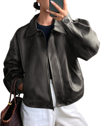 PRETTYGARDEN Women's Faux Leather Oversized Motorcycle Jackets | Fall Zip Up Jacket, Collared Neck, Button Cuff, Relaxed Fit, Long Sleeve, Casual Outerwear, Winter Coats, Fashion Clothing