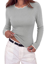 PRETTYGARDEN Women's Long Sleeve Ribbed Knit Pullover Sweaters | Contrast Trim, Going Out Tops, Soft Stretch Fabric, Slim Fitted, Scallop Edge, Casual Fall Outfits, Layering Winter Clothing