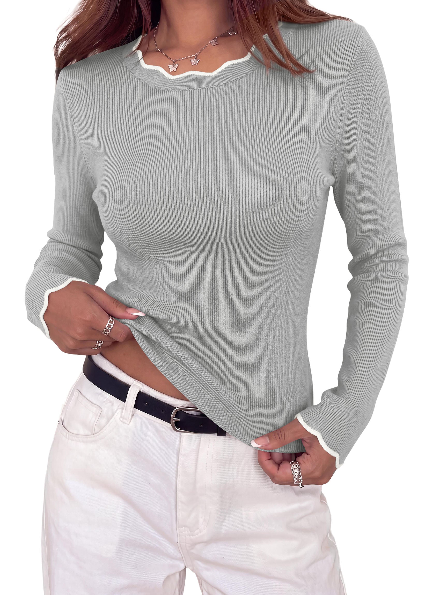 PRETTYGARDEN Women's Long Sleeve Ribbed Knit Pullover Sweaters | Contrast Trim, Going Out Tops, Soft Stretch Fabric, Slim Fitted, Scallop Edge, Casual Fall Outfits, Layering Winter Clothing