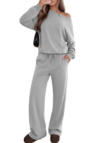 PRETTYGARDEN Womens 2 Piece Casual Matching Lounge Sets  Fashion Off the Shoulder Sweatshirt, Wide Leg Pants with Pockets, Comfy Airport Travel Outfit, 2026 Trendy Fall Set