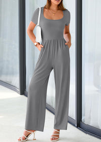 PRETTYGARDEN Women's Summer One Piece Jumpsuits Dressy Casual Short Sleeve Square Neck Wide Leg Jumpsuit Rompers