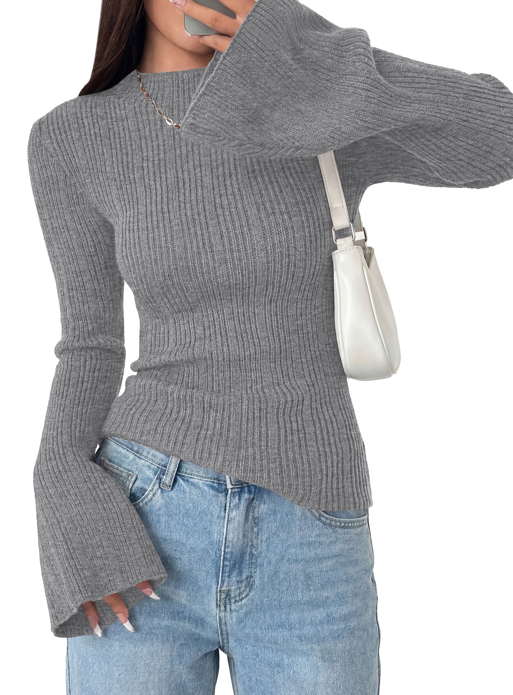 PRETTYGARDEN Sweaters for Women Lightweight Mock Neck Bell Long Sleeve Fitted Tops Ribbed Pullover 2026 Fall Fashion Clothing
