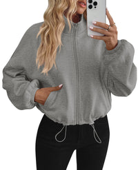 PRETTYGARDEN Womens Zip Up Fleece Cropped Sweatshirt Jacket | Oversized Loose Soft Stand Collar with Drawstring Hem, Long Sleeve Casual Coat With Pockets, Fall Outfits Winter Clothing