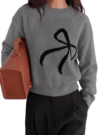 PRETTYGARDEN Womens Bow Sweater Cute Crewneck Long Sleeve Tops Fall Outfits  Soft Cozy Knit Pullover,Relaxed Fit,Holiday Sweaters,Daily Wear,Work Office,Casual Going Out Y2k Tops,Winter Fashion Clothing