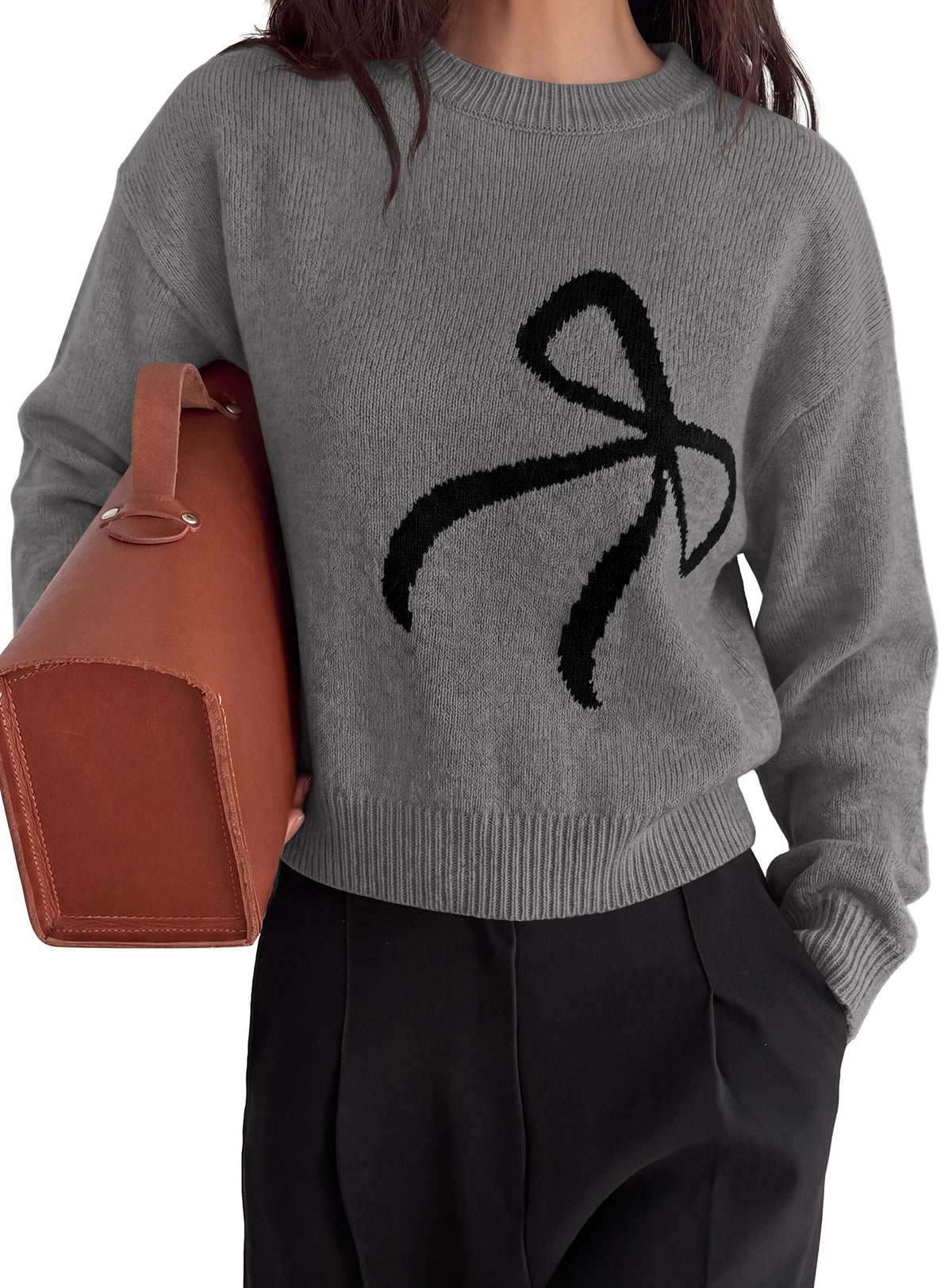 PRETTYGARDEN Womens Bow Sweater Cute Crewneck Long Sleeve Tops Fall Outfits  Soft Cozy Knit Pullover,Relaxed Fit,Holiday Sweaters,Daily Wear,Work Office,Casual Going Out Y2k Tops,Winter Fashion Clothing