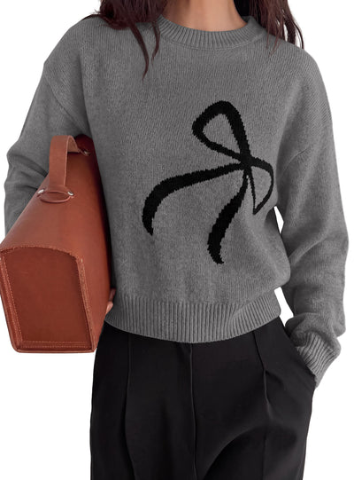 PRETTYGARDEN Womens Bow Sweater Cute Crewneck Long Sleeve Tops Fall Outfits  Soft Cozy Knit Pullover,Relaxed Fit,Holiday Sweaters,Daily Wear,Work Office,Casual Going Out Y2k Tops,Winter Fashion Clothing