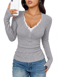 PRETTYGARDEN Women's Lace Trim Ribbed Knit Henley Long Sleeve Shirts Lightweight Button Up V Neck Pullover Tops, Dressy Casual Slim Fit Ladies Blouses, 2026 Early Fall Fashion Y2k Outfits