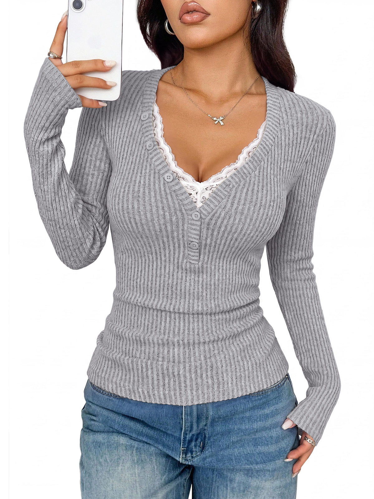 PRETTYGARDEN Women's Lace Trim Ribbed Knit Henley Long Sleeve Shirts Lightweight Button Up V Neck Pullover Tops, Dressy Casual Slim Fit Ladies Blouses, 2026 Early Fall Fashion Y2k Outfits