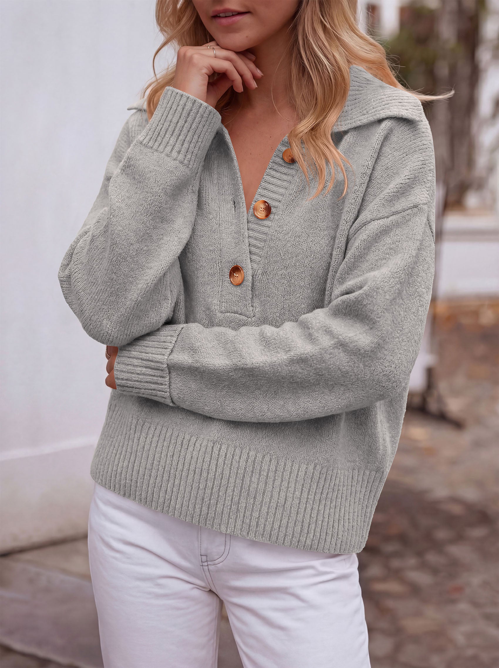 PRETTYGARDEN Womens Fall Long Sleeve Sweaters Button up V Neck Polo Shirts | Quarter Button Collared Tops, Ribbed Knit Comfy Shirts, Relaxed Fit Sweater Tops, Casual Fall Outfits for Women 2026