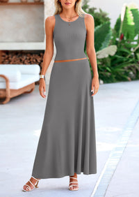 PRETTYGARDEN 2 Piece Maxi Skirt Sets Casual Knit Cropped Tank Top High Waisted Long Skirts Outfit