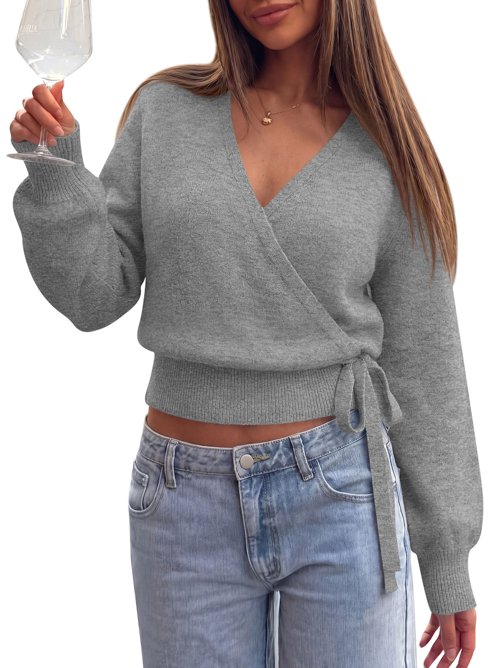 PRETTYGARDEN V Neck Wrap Sweaters for Women Fall Outifts Pullover | Long Sleeve Knit Tops,Cross V Neck with Hidden Snap,Tie Waist,Cozy Warm Winter Clothes for Work,Travel,Vacation,Going Out