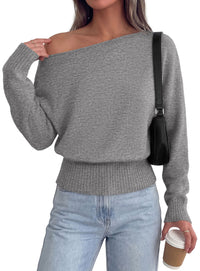 PRETTYGARDEN Womens Off The Shoulder Sweater Fall Fashion | Soft Stretchy Knit Fabric, Batwing Long Sleeve Cinched Waist Cropped Sweaters, Date Night Outfit, Asymmetrical Going Out Tops