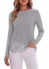 PRETTYGARDEN Women's Lace Patchwork Long Sleeve Shirts | Soft Casual Tops,Irregular Asymmetrical Hem,Crew Neck Thermal Blouses,Loose Fit Layer Tee,Fashion Fall Winter Daily Wear