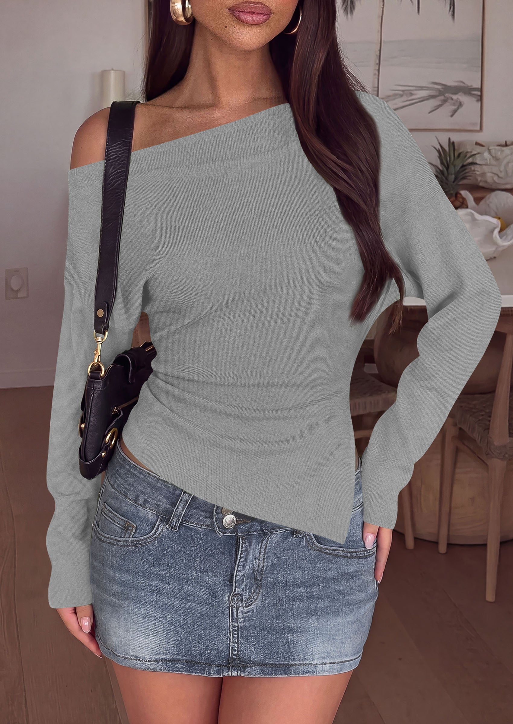 PRETTYGARDEN Womens Fall Long Sleeve Off Shoulder Sweater  Soft Knit Fabric, Fashion Batwing Sleeve, Chic Asymmetrical Hem, Casual Going Out Sweater, 2026 Trendy Winter Clothes
