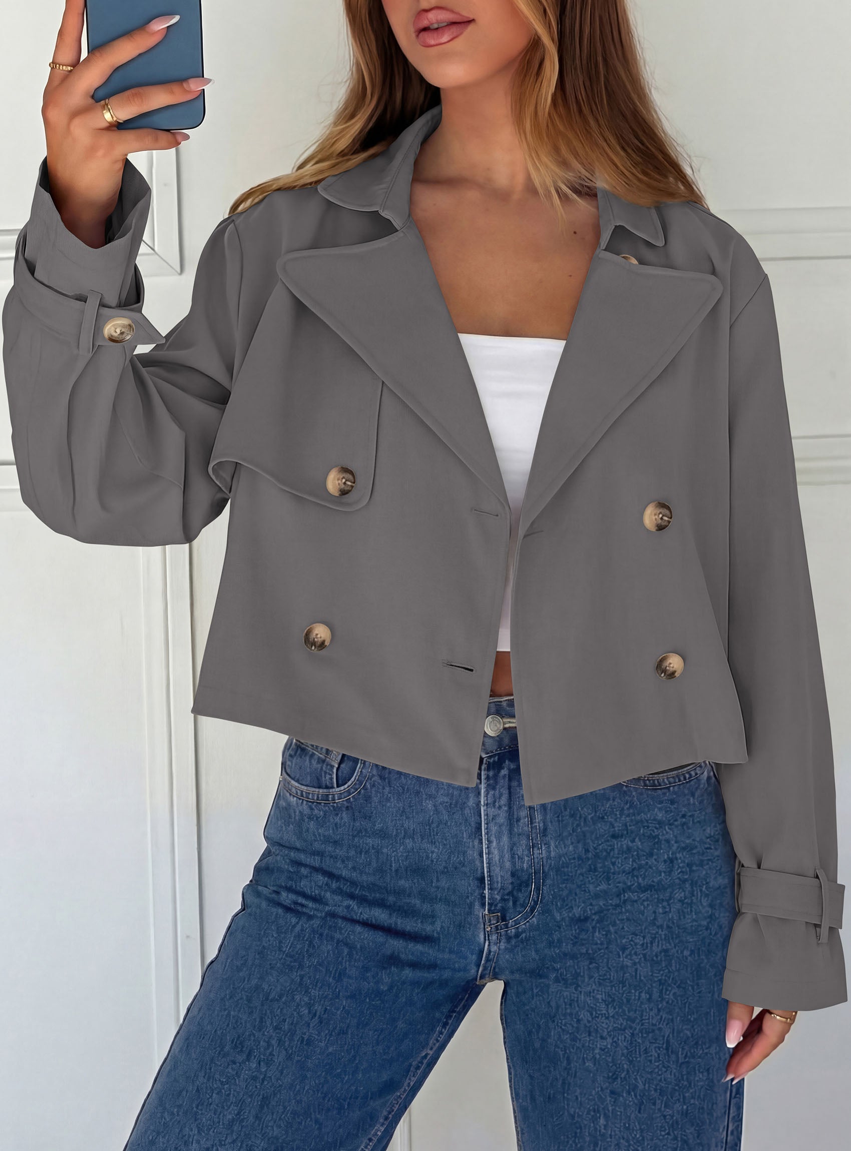 PRETTYGARDEN Cropped Trench Coat For Women Short Jacket  Soft Lightweight Coats, Lapel Double Breasted, Long Sleeve Loose Fit, Casual Work Office Jackets, Fall Winter Outwear