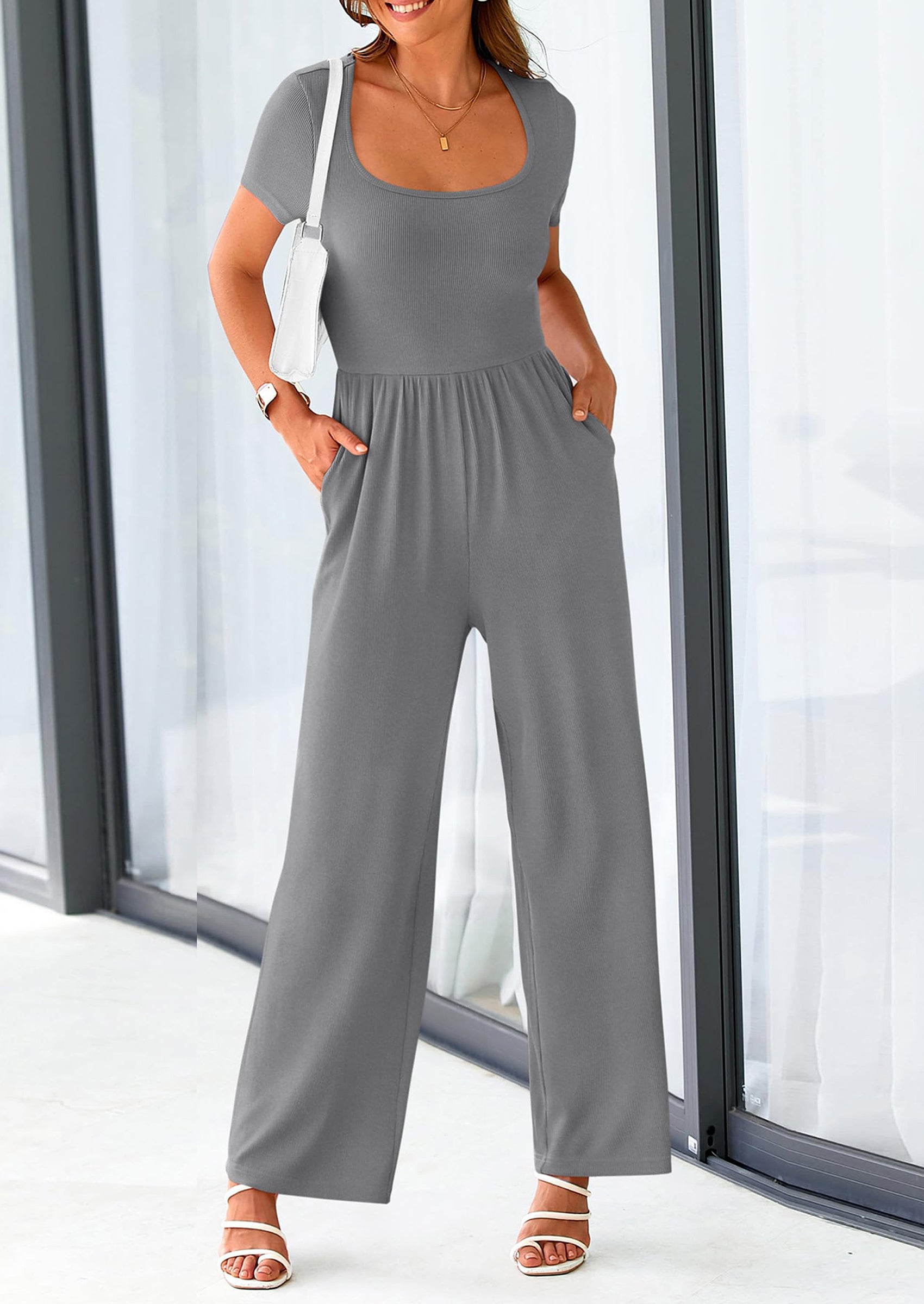 PRETTYGARDEN Women's Summer One Piece Jumpsuits Dressy Casual Short Sleeve Square Neck Wide Leg Jumpsuit Rompers