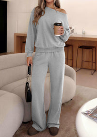 PRETTYGARDEN Womens 2 Piece Casual Matching Lounge Sets  Fashion Off the Shoulder Sweatshirt, Wide Leg Pants with Pockets, Comfy Airport Travel Outfit, 2026 Trendy Fall Set
