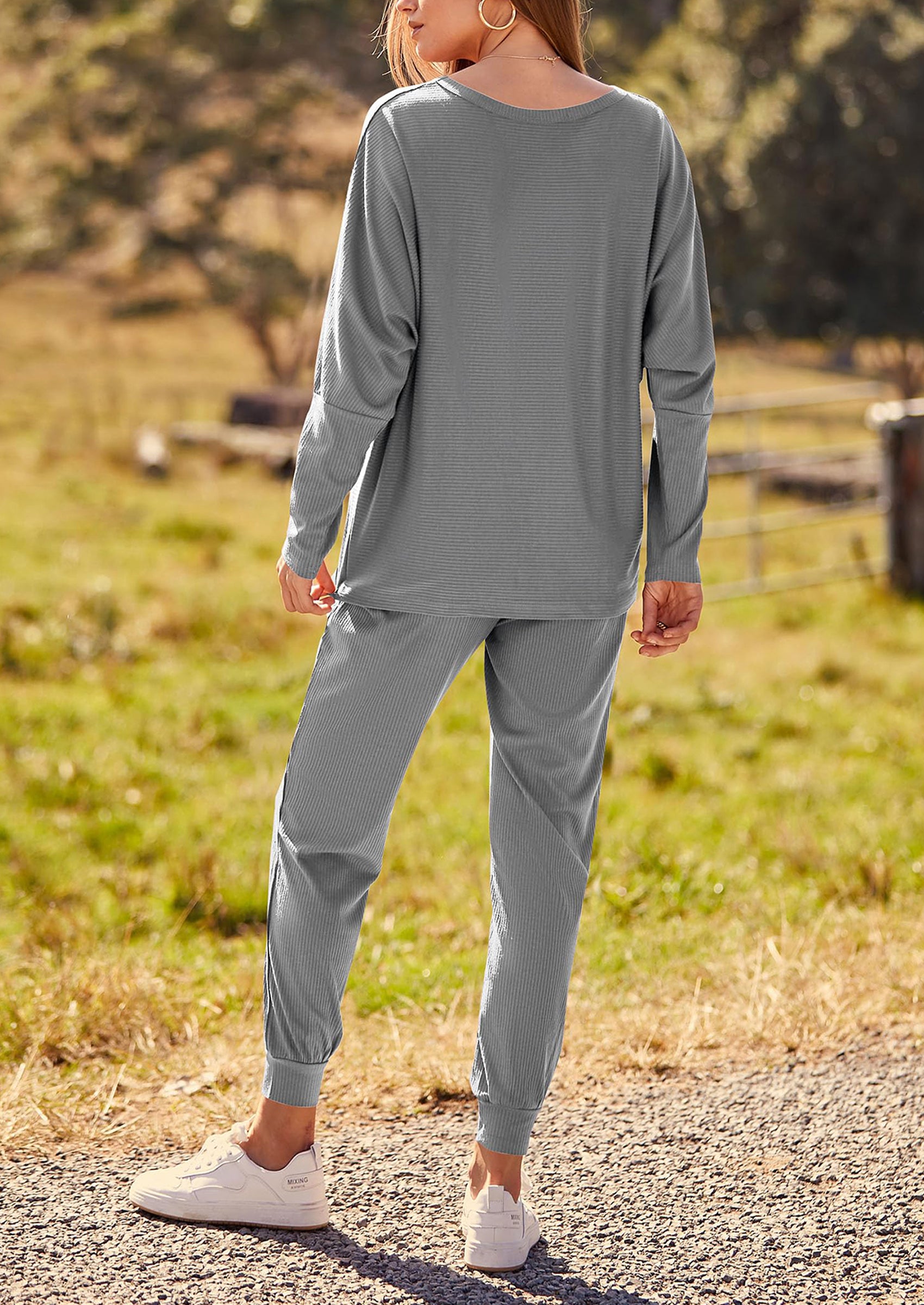 PRETTYGARDEN Women's Fall 2 Piece Lounge Set Long Sleeve Tops Ribbed Pants Spring Matching Sweatsuit Travel Outfits Clothes