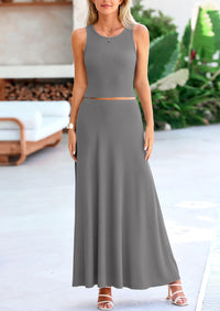 PRETTYGARDEN 2 Piece Maxi Skirt Sets Casual Knit Cropped Tank Top High Waisted Long Skirts Outfit