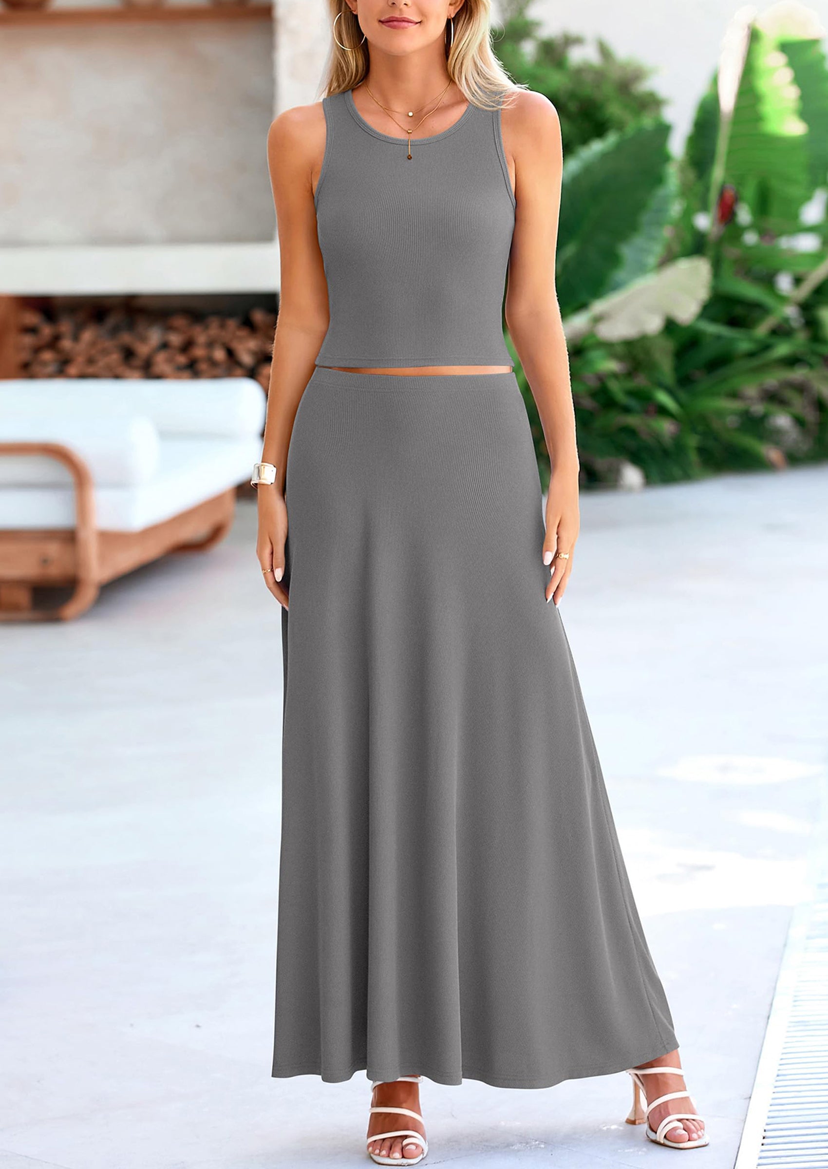 PRETTYGARDEN 2 Piece Maxi Skirt Sets Casual Knit Cropped Tank Top High Waisted Long Skirts Outfit