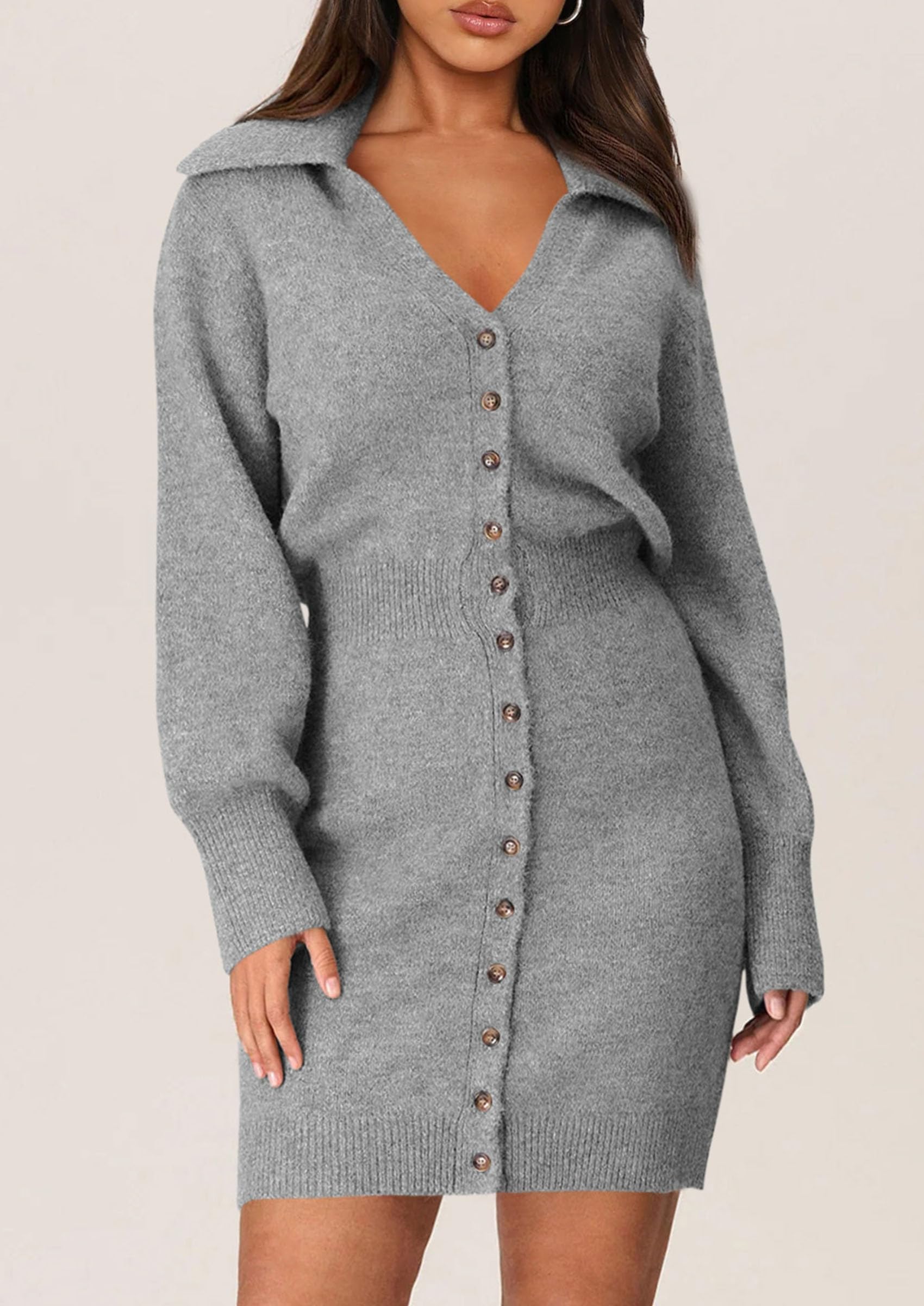 PRETTYGARDEN Sweater Dresses for Women Trendy Long Sleeve Button Down Short Spring Dress